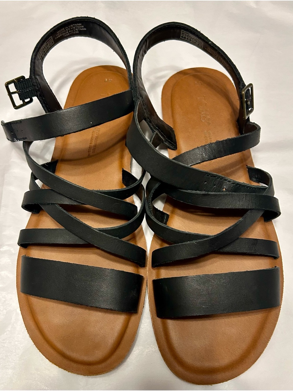 Toms Black Strappy Leather Sandals with Tan Footbed